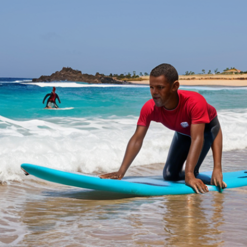 Home 11 **Santa Maria beach, Sal, Cape Verde. Beginner surfers learning on gentle waves, surf instructors assisting, sunny day.** (Focus: beginner-friendly surfing in Cape Verde)
