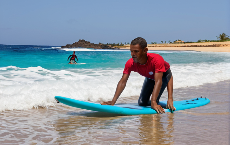 **Santa Maria beach, Sal, Cape Verde. Beginner surfers learning on gentle waves, surf instructors assisting, sunny day.** (Focus: beginner-friendly surfing in Cape Verde)