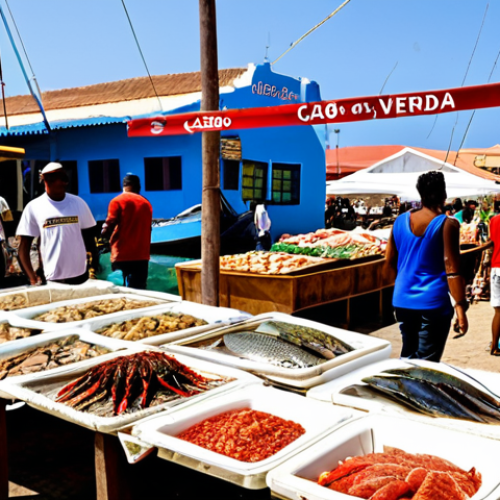 Home 6 **
"A vibrant marketplace in Praia, Cabo Verde, showcasing freshly caught tuna and lobster for sale. Tourists are browsing the local crafts and produce. In the background, modern fishing boats are docked in the harbor. The scene emphasizes the importance of fishing and tourism to the local economy. Bright, sunny day. Include the words 'Cabo Verde' on a market stall banner. Safe for work, appropriate content, fully clothed, professional, family-friendly, perfect anatomy, correct proportions, natural pose."
**