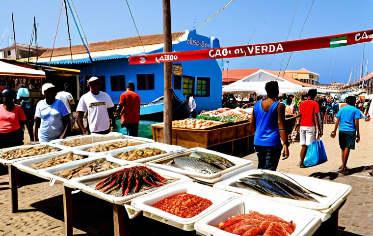 **
"A vibrant marketplace in Praia, Cabo Verde, showcasing freshly caught tuna and lobster for sale. Tourists are browsing the local crafts and produce. In the background, modern fishing boats are docked in the harbor. The scene emphasizes the importance of fishing and tourism to the local economy. Bright, sunny day. Include the words 'Cabo Verde' on a market stall banner. Safe for work, appropriate content, fully clothed, professional, family-friendly, perfect anatomy, correct proportions, natural pose."
**